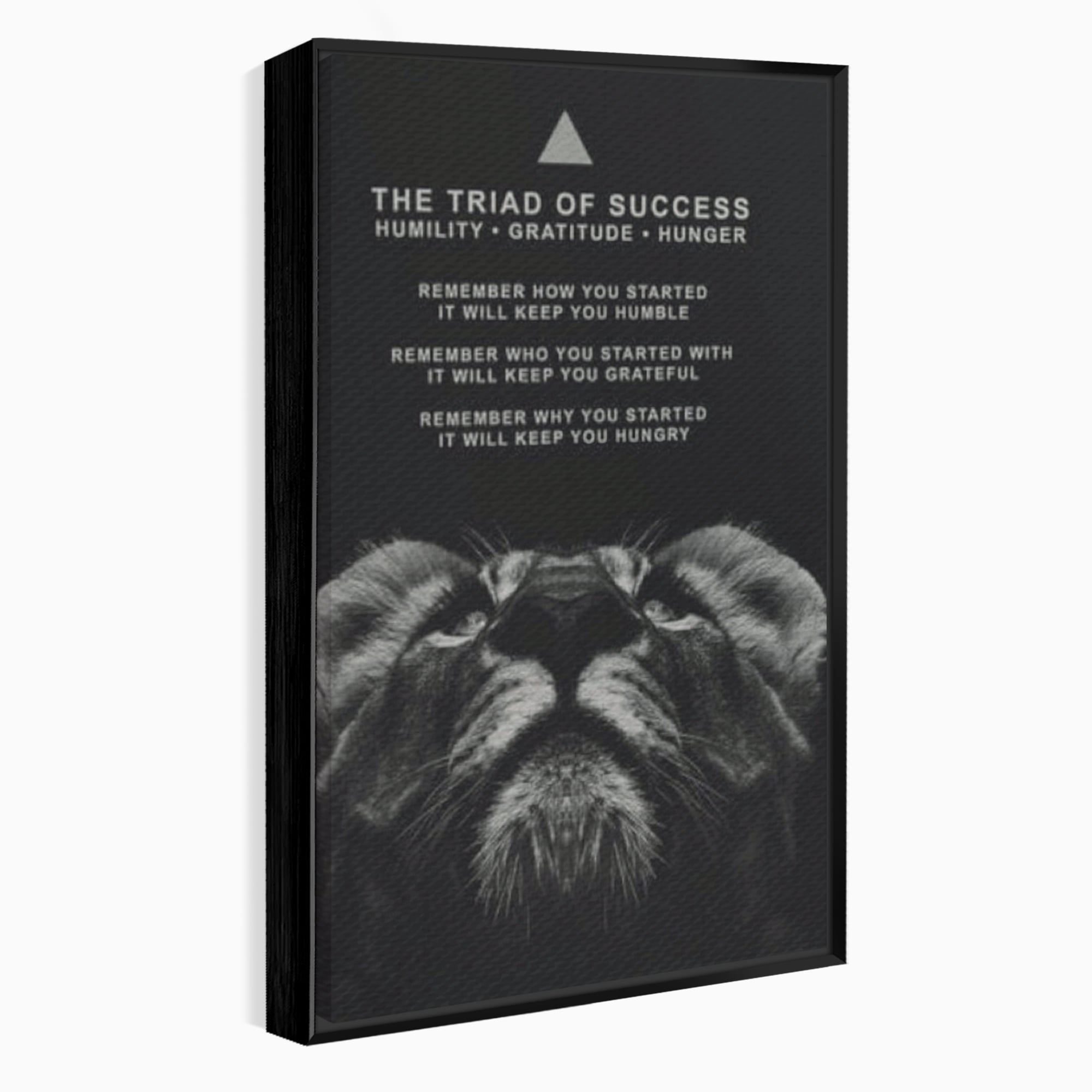 Tablou canvas cu tablou motivational cu cap de leu, in rama de aluminiu negru